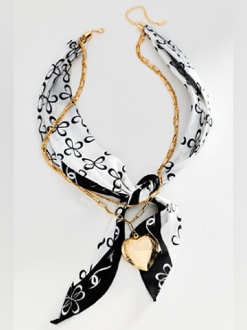 Anthropologie Black & White Heart Scarf Necklace with Gold Chain